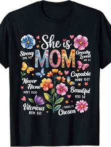 Camiseta de Mujer "Ella Es Mamá" con Versículos Bíblicos, Estilo Boho Floral, para el Día de la Madre, Blusa Casual de Manga Corta, Cuello Redondo, Lavable a Máquina, Primavera Verano - Negro - Ver 5