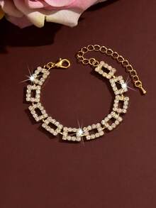 1pc Rhinestone Chain Bracelet, Women's Geometric Square Link Chain Bracelet Fashion Jewelry, Suitable For Bride, Party, Anniversary, Perfect Birthday Gift - Gold - View 2