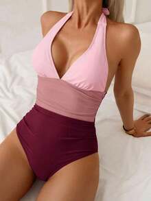 Traje de baño de una pieza con control de abdomen, estilo minimalista de unicolor, con escote halter y espalda descubierta, para vacaciones de verano en la playa - Multicolor 3 - Ver 3