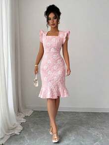 Vestido elegante de jacquard de cuello cuadrado y manga corta para uso diario, verano - Rosa - Ver 6