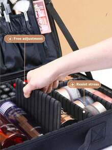 Large Capacity Minimalist Makeup Bag, With Two Removable Dividers, Portable Makeup Organizer With Handle, Durable Water-Resistant Cosmetic Storage Bag With Zipper And Adjustable Strap, Suitable For Travel And Events, Essential For Professional Makeup Artists (Removable Dividers Shipped Randomly) - Black - View 2