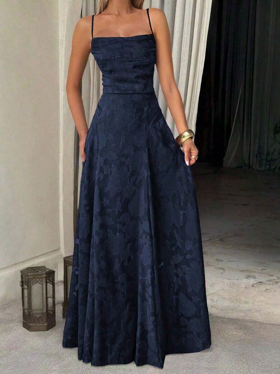 Vestido de verano sexy y elegante para mujer de Unadoll, con cinturón de cordón en la cintura y diseño sin espalda, hecho de tela jacquard, adecuado para vacaciones, playa, citas, vuelta al colegio, bodas, fiestas y otras ocasiones - Azul marino - Ver 1