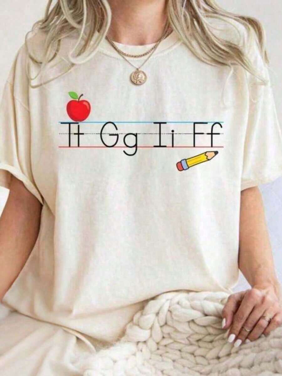 Camiseta de Maestro TGIF, Camiseta de Maestro de Jardín de Infancia, Camisetas Divertidas para Maestros, Regalo de Navidad para Maestros, Regalo de Agradecimiento para Maestros, Camiseta con Alfabeto, Camiseta Clásica de Manga Corta de Algodón Grueso de Talla Grande. - Blanco - Ver 1