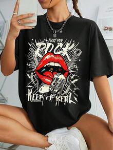 Camiseta de Mujer Estilo Rock Vintage con Estampado de Labios y Micrófono, Cuello Redondo Relajado y Hombros Caídos, para Festivales de Música, Ropa de Primavera/Verano - Negro - Ver 7