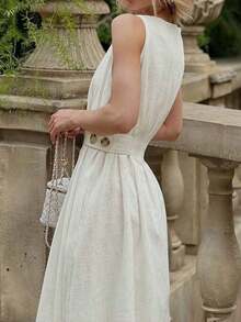 Vestido de algodón sin mangas de longitud media color caqui para mujer - Elegante, minimalista, elegante, adecuado para el transporte diario en verano - Albaricoque - Ver 5