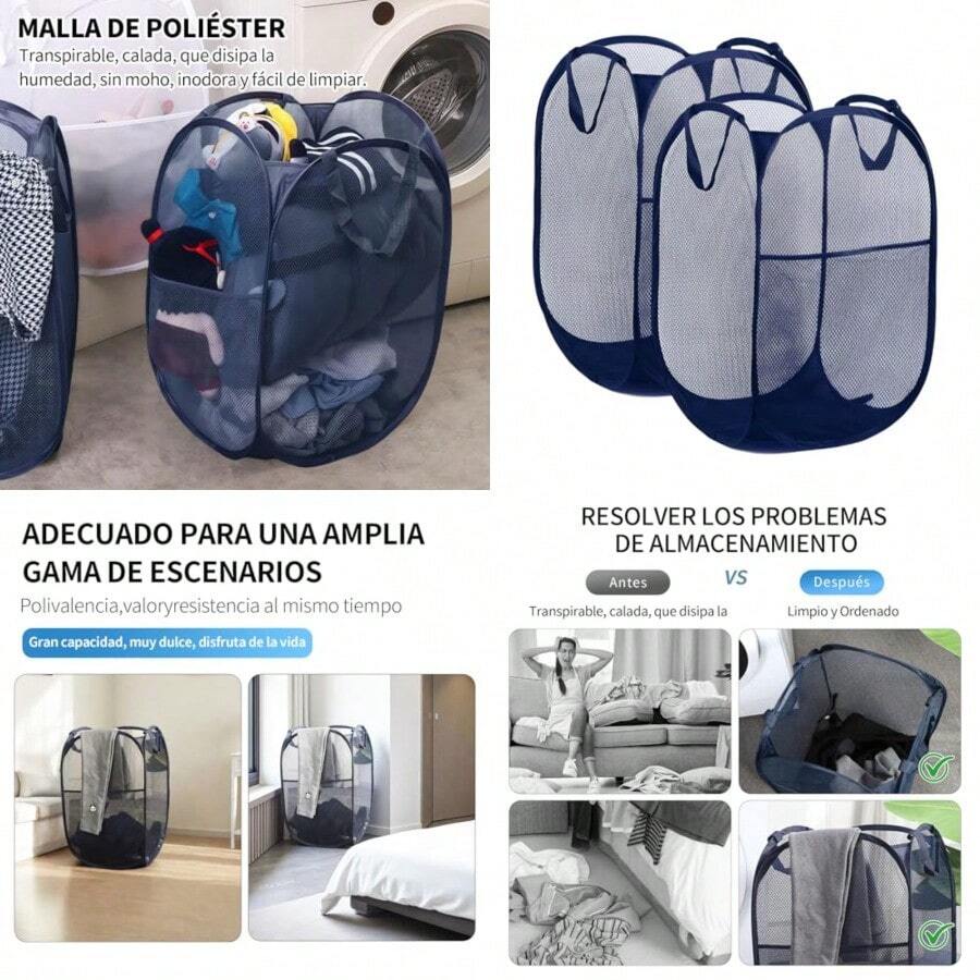 2 Piezas Cesto Ropa Sucia de Malla Plegable Cesta de Lavandería Portátil Fácil Cestas de Almacenamiento para Ropa con Bolsillo Lateral y Asas habitación de los niños Viaje Baño - Azul marino - Ver 1