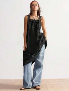 BohoFeels Vestido casual de unicolor, tejido, suelto y de largo medio para mujeres - Negro - Ver 6