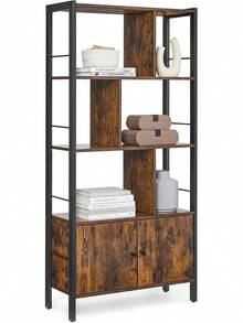 Large Bookshelf 4 Shelves Industrial Style With Doors Steel Structure Rustic Brown Ink Black Storage Shelf For Living Room Office - Rustic Brown + Black - View 12