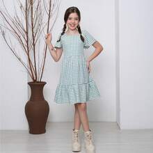 Short Checkered Dress For Children And Teens At June Festivals - Màu xanh Bạc hà - Xem 3