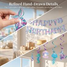 24pcs Ocean-Themed Birthday Party Bunting Set, Including 18pcs Buntings And 6pcs Hanging Spirals, Suitable For Birthdays, Parties, Weddings, Home Hanging Decorations, Spring Decorations, Holiday Basket Fillers, Photo Backdrops, Bohemian-Style Decorations, And Aesthetic Room Decor - Multicolor - View 2