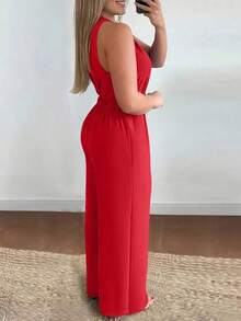 Elegante mono de pierna ancha con escote en V cruzado, hebilla de metal en la cintura, para mujeres en vacaciones - Rojo - Ver 2