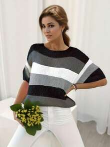 Blusa de punto de manga corta con cuello redondo y rayas de colores arcoíris para mujer - Blanco y Negro - Ver 5