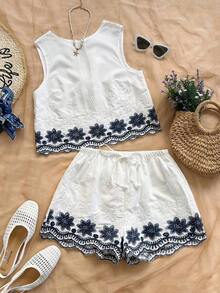 Top sin espalda con textura y lazo, holgado y casual para vacaciones, shorts casuales con elástico en la cintura y bolsillos, para playa y mar - Multicolor - Ver 1