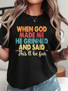 Camiseta holgada de talla grande para mujer con estampado de la Biblia: "Cuando Dios me creó, Sonrió". Camiseta de manga corta con cuello redondo, 100% 180 g/m², disponible en varios estilos, adecuada como regalo inspirador para la iglesia, Navidad y uso diario (God Apparel). - Negro - Ver 1