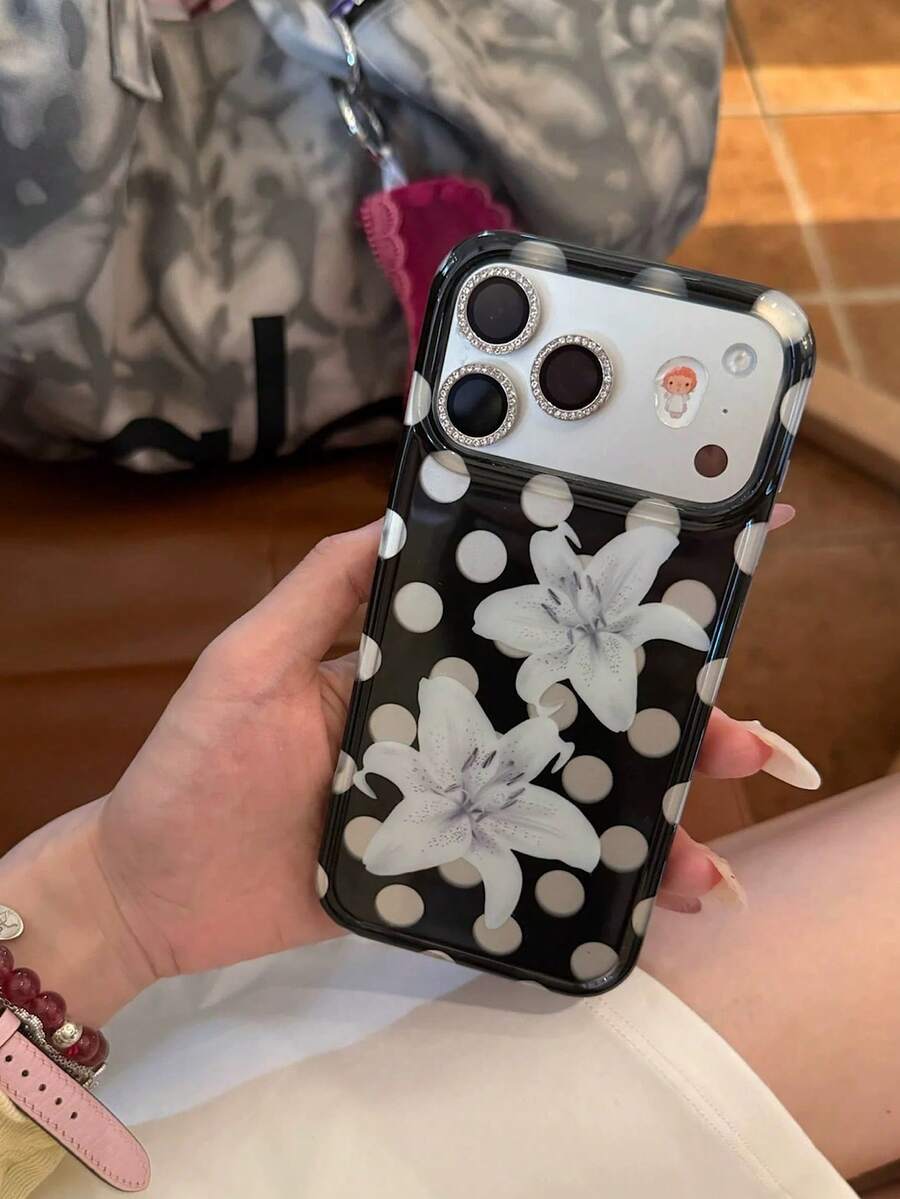 黑色波点百合花图案手机壳,适用于 17 Pro Max,柔软保护套,兼容 16 Pro、15、14、13,优雅清新设计,女士适用。 - 黑色 - 查看 1