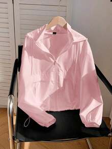 1 pieza Chaqueta casual con capucha, cremallera frontal, manga larga y protección solar, de unicolor, para otoño/invierno - Rosa - Ver 6