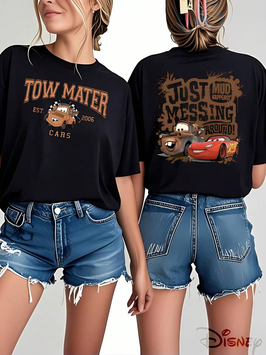 Disney Genuine Authorization, Disney Die Lightning McQueen Pattern Printing Ladies 100% Cotton T-Shirt-Creative Cartoon Printing, Breathable Light Fabric, Regular Round Neck Summer Street Casual Shirt, Black And White Wild Disney Shirt, Holiday Gift, Unisex. - màu đen - Xem 1