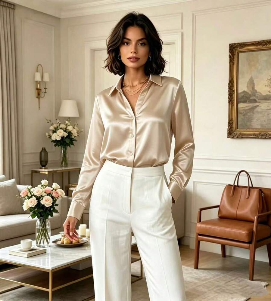 Women's Satin Shirt With Long Sleeves And Buttons - Office Style - Màu be - Xem 1