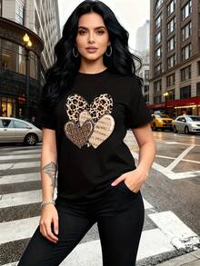 Leopard Print T-Shirt With Heart Design - Short Sleeve, Round Neck, Casual Style With Appliques And Graphics, Breathable For All Seasons, Ideal For Matching Outfits With Sisters, Events, Travel - Comfortable Medium Elasticity Blouse For Everyday Wear - 黑色 - 查看 2