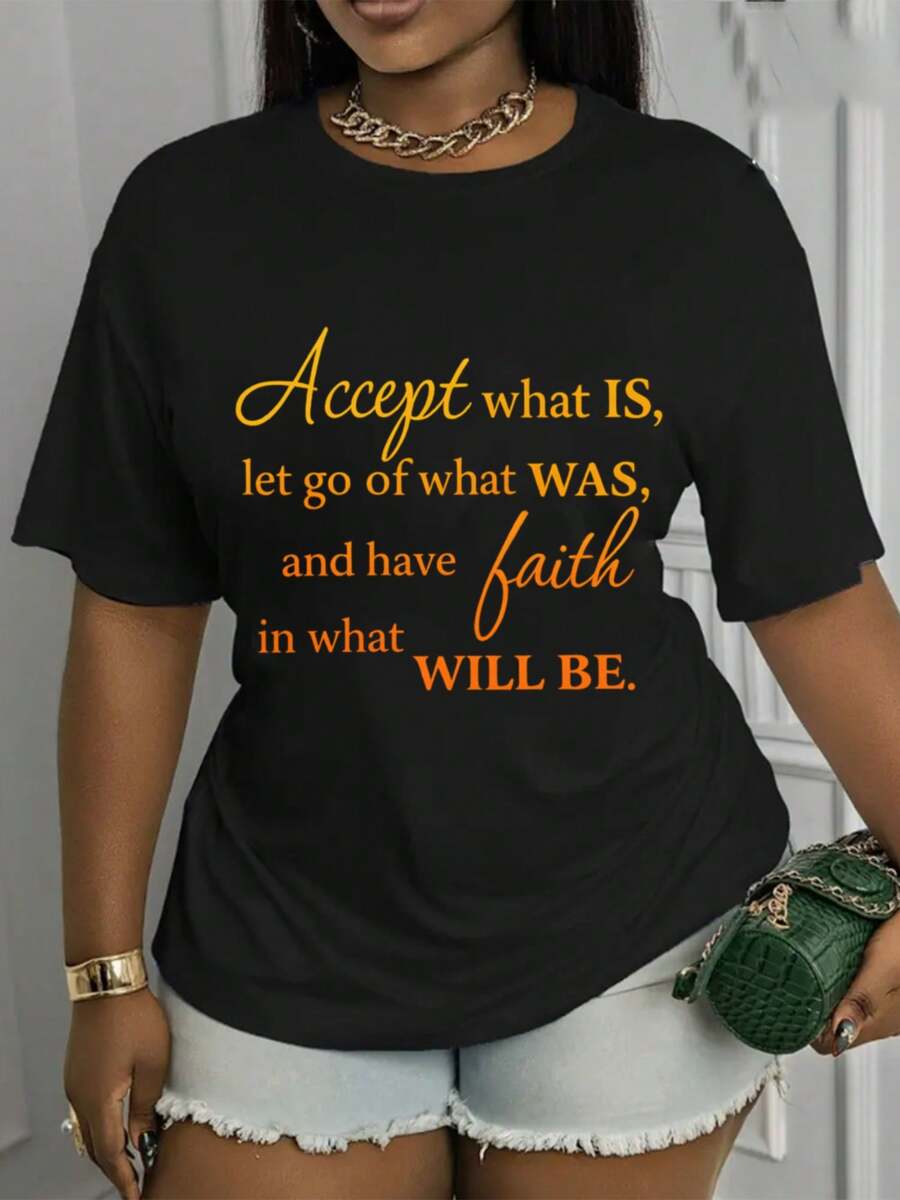 Women's Casual T-Shirt With Inspirational Phrase 'Accept The Present, Free Yourself From The Past And Have Faith', Short Sleeve, Round Neck, Regular Fit, Spring, Summer And Autumn, Machine Washable, Gift For Her, Spring Fashion, Graphic Print T-Shirt, Comfortable And Soft Clothing - 黑色 - 查看 1