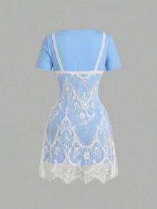 YHHSHEIN MOD Vestido mini de verano de moda con cuello redondo y manga corta, con parches de encajeYHH - Azul - Ver 7