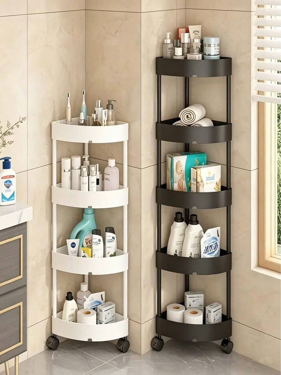 1pc 3-Tier/4-Tier/5-Tier Bathroom Storage Rack With Wheels, Compact Corner Organizer Shelf, Sturdy Plastic Material, Suitable For Kitchen, Living Room, Bedroom, Office, Commercial Restroom And Bathroom, Multi-Function Storage Basket