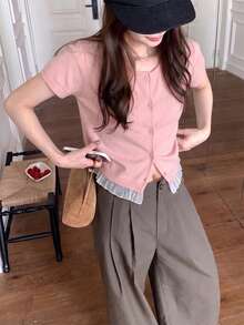 可愛蕾絲飾邊甜美溫柔優雅素色圓領針織短袖上衣 粉色夏季 - 粉色 - 查看 7
