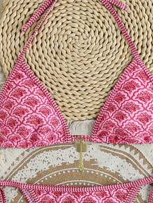 Conjunto de bikini con estampado floral aleatorio para vacaciones en la playa - Blanco y Negro 2 - Ver 8