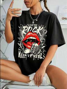 Camiseta de Mujer Estilo Rock Vintage con Estampado de Labios y Micrófono, Cuello Redondo Relajado y Hombros Caídos, para Festivales de Música, Ropa de Primavera/Verano - Negro - Ver 4