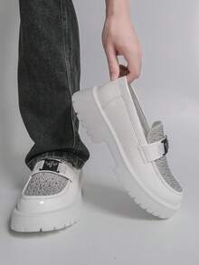 Men's Thick Sole Comfortable Slip-On Loafers, Rhinestone Embellished Casual Sneakers, Formal Wedding Dress Shoes - White - View 9