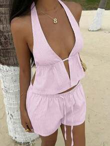 SunnyBelle Top sin espalda con escote profundo en V de cuello halter a rayas azul y blanco de lino, y shorts casuales sueltos con cordón a la cintura, conjunto veraniego sexy, lindo, elegante y romántico para mujer - Rosa - Ver 6