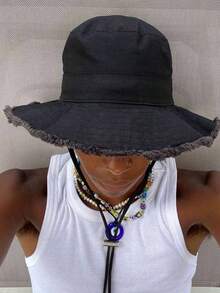 1pc Men's Drawstring Trim Bucket Hat, Adjustable Chin Strap Design, Distressed Finish, Soft Fabric, Sun Protection, Windproof, Fashionable, Suitable For Travel, Beach, Vacation, Casual Daily Use - A - View 7