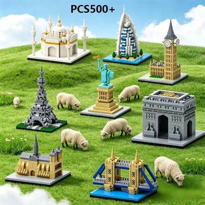 8pcs World Building Block Series Set, A Variety Of Buildings: Including Eiffel Tower, Arc De Triomphe, Taj Mahal, Sailing Hotel, Twin Towers, Etc., Suitable For Building Block Assembly, Building Block Decoration, Decompression Building Blocks, Also Suitable For Party Gifts, Also Suitable For Model Ornaments, Home Decoration. Halloween, Christmas, Graduation Season, School Season, Independence Day, All Kinds Of Holiday Gifts,