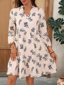 Vestido de mujer con estampado floral, cuello con muesca y mangas acampanadas, adecuado para vacaciones de primavera/verano - Azul y blanco - Ver 6