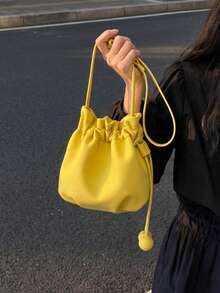 Korean Soft Yellow Drawstring Bucket Bag, Spherical Decor, Shoulder/Crossbody, Casual Commute Date Versatile Girly Style Women Handbag - Yellow - View 8