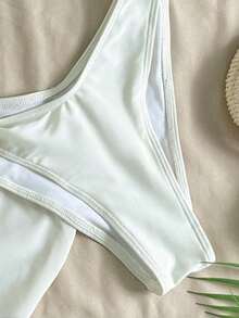 Conjunto de traje de baño tipo tankini de 3 piezas de unicolor, diseño de tirantes anchos con aros para un soporte cómodo, estilo de playa de moda, perfecto para fiestas de playa y piscina en verano Blanco - Blanco - Ver 6