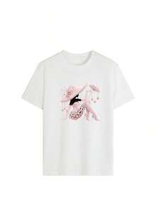 Set camisetas de manga Prenda individual, no un conjunto de 3 piezas, 1 piezas/set de camisetas de manga suitable for streetwear, Top oversized cuello redondo daily outings, camping, concerts, hip-hop, rock, and rap events con cuello redondo, estampado floral minimalista de verano, versátiles y de moda para mujer - Blanco - Ver 2