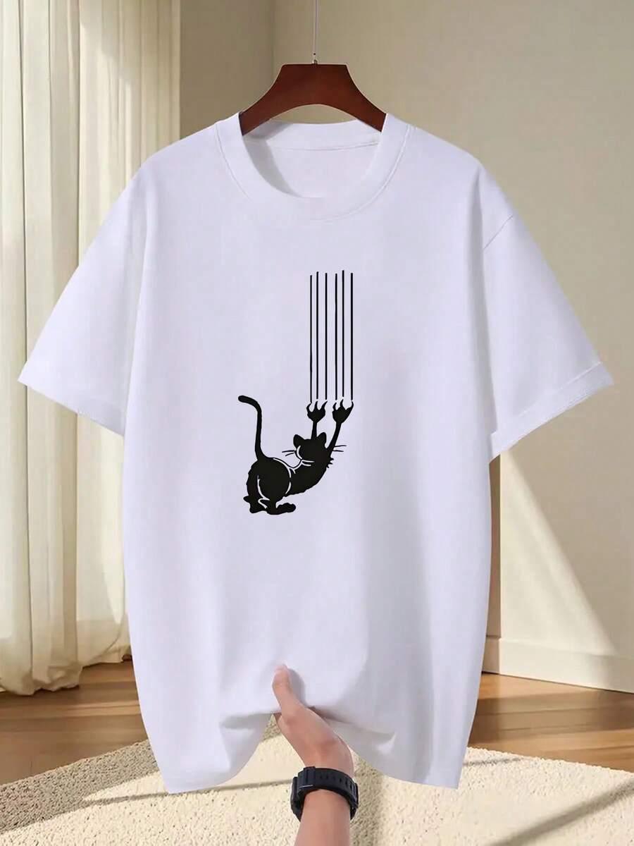 Classic Plus Size T-Shirt For Men And Women With Cat Playing With Ropes Print - Short Sleeve, Crew Neck, Comfortable Casual Summer Top With Kitten, Machine Washable For (Spring, Summer, Autumn), PLUS SIZES, Summer T-Shirt - 白色 - 查看 1