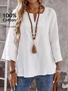 Blusas casuales de mujer de manga larga con escote en pico en unicolor, blusas de manga tres cuartos - Blanco 4 - Ver 1