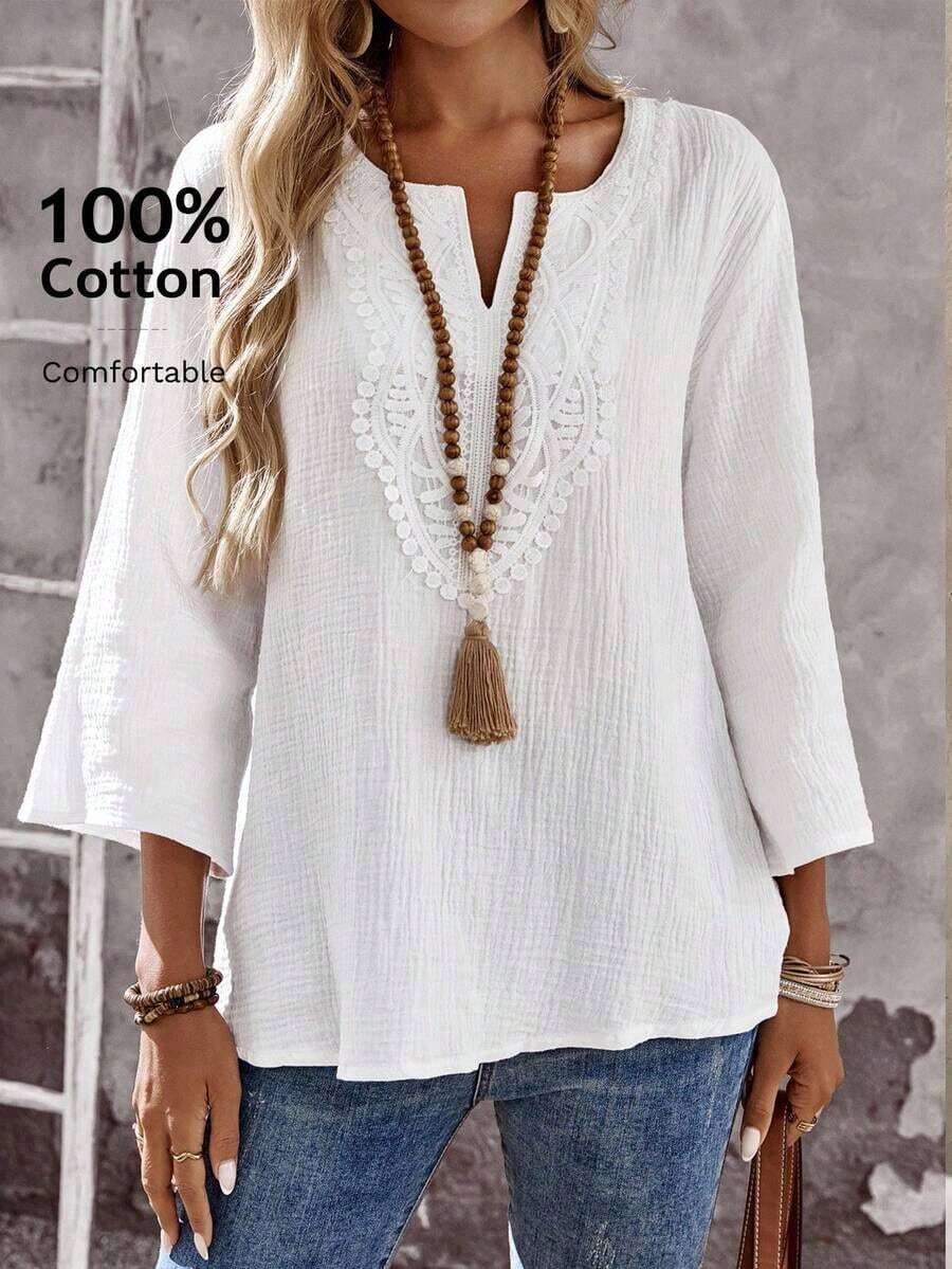 Blusas casuales de mujer de manga larga con escote en pico en unicolor, blusas de manga tres cuartos - Blanco 4 - Ver 1