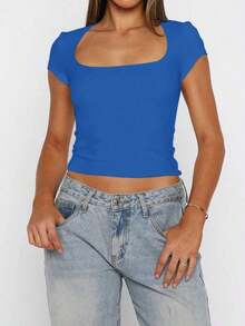 Blusa ajustada y sexy de punto para mujer , camiseta casual de cuello cuadrado de unicolor, primavera/verano - azul real - Ver 7