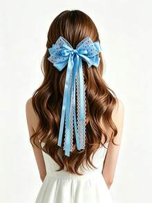2pcs/1pc Women's Multi-Color Polka Dot Mesh Satin Large Bow Hair Clip With Exquisite Lace Long Ribbon Design Headpiece, Sweet Style Hair Accessory For Daily Wear, Dating, Wedding, Travel, Photography And More - Multicolor - View 8