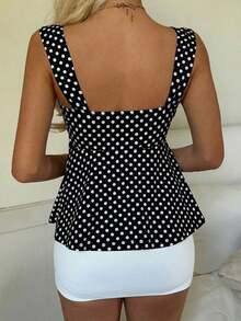 Nueva Colección Primavera/Verano 2026 para Mujer: Blusa/Top sin Mangas con Volantes y Cordón Ajustable, Estampado de Lunares Amarillo Buttercup y Marrón, Estilo Casual y Versátil, Top de Verano - Negro - Ver 5