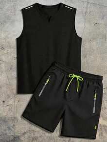Men's Summer Sports Set, V-Neck Men's Tank Top Set, Outdoor Casual Men's Two Pieces Set, Suitable For Gym Training, Jogging, Vacation Beach Wear, Men's Summer Sports Apparel - Black - View 1
