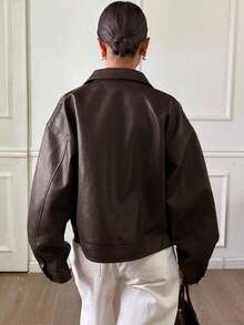 Chaqueta regular de mujer de PU gruesa, suelta y casual, nueva para otoño/invierno - Óxido marrón - Ver 2