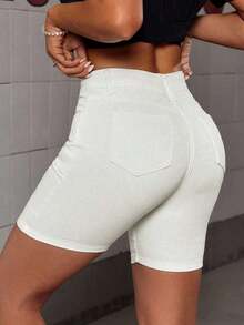 Solid Slant Pocket Skinny Denim Shorts - Blanco - Ver 2