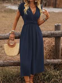 Vestido midi de manga abullonada con escote cruzado, cintura fruncida y espalda retorcida en estilo bohemio occidental casual para primavera/verano de mujer - Azul marino - Ver 7