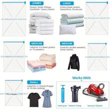 5 piezas Bolsas de almacenamiento al vacío ahorradores de espacio con bomba manual, bolsas organizadoras de plástico comprimidas para ropa y mantas, ideales para viajes y decoración navideña, almacenamiento de decoración festiva | Organizador transparente | Bolsas de plástico duraderas - Ver 6