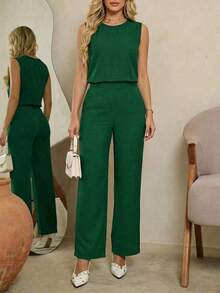 de 2 piezas de top sin mangas y pantalones largos casuales y elegantes con bolsillo diagonal y detalles de botones para mujer, para verano - Verde Oscuro - Ver 9