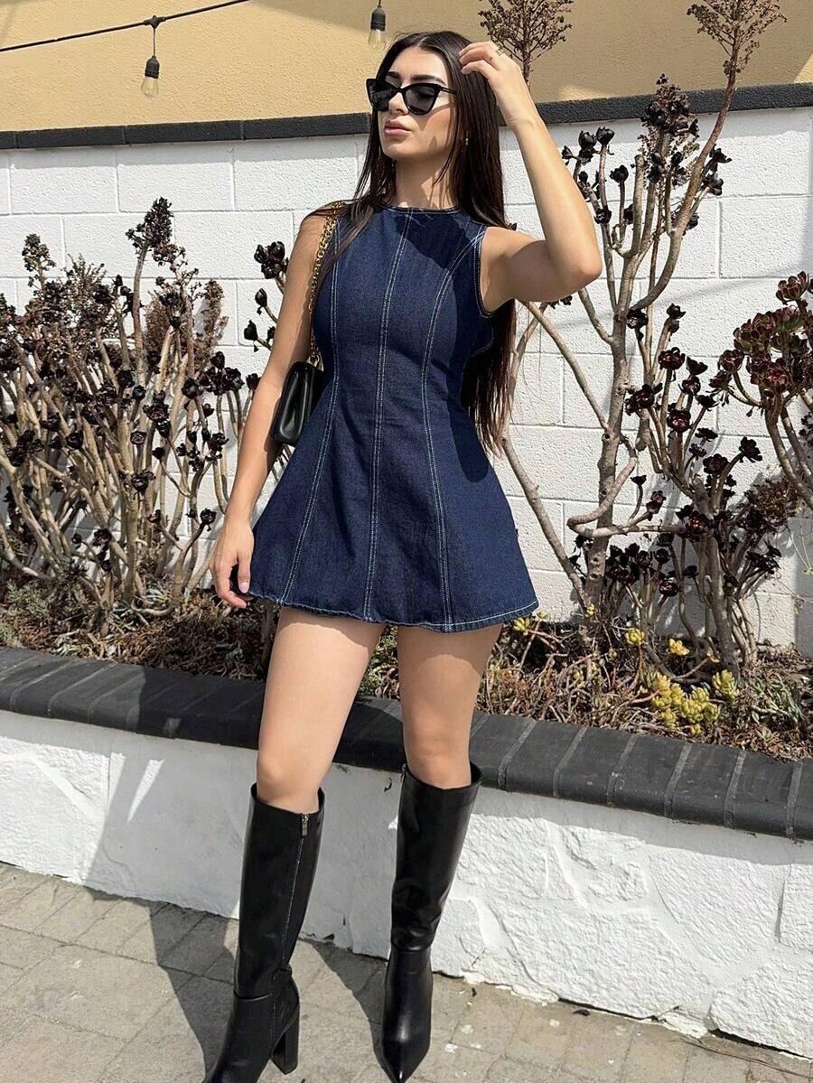 Vestido vaquero mini con espalda descubierta sexy, para verano - Azul - Ver 1